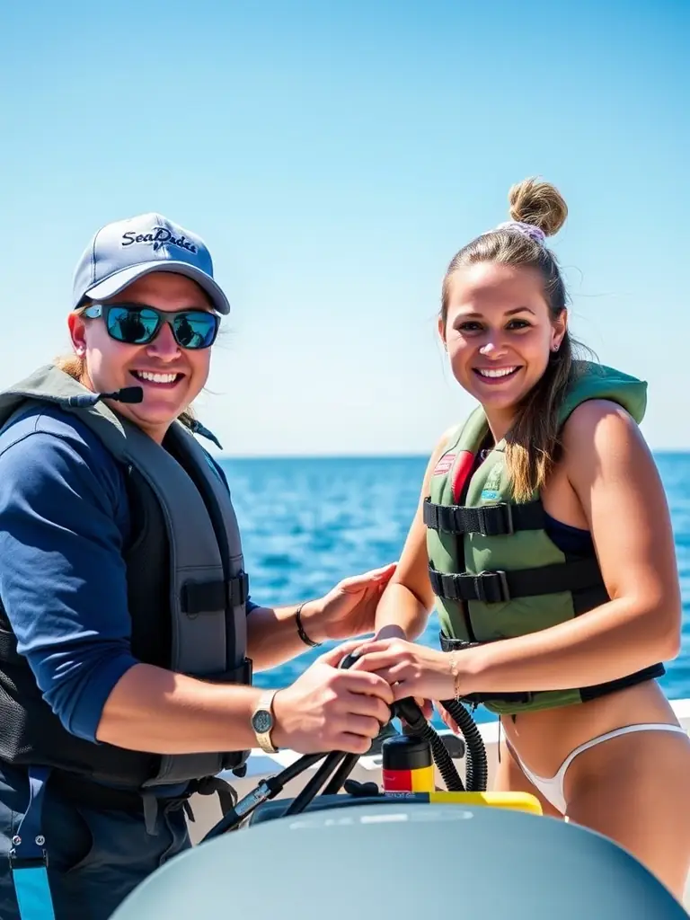 A photo of a smiling, professional SeaDudes crew member assisting a customer with water sports equipment, highlighting their expertise and friendly service.