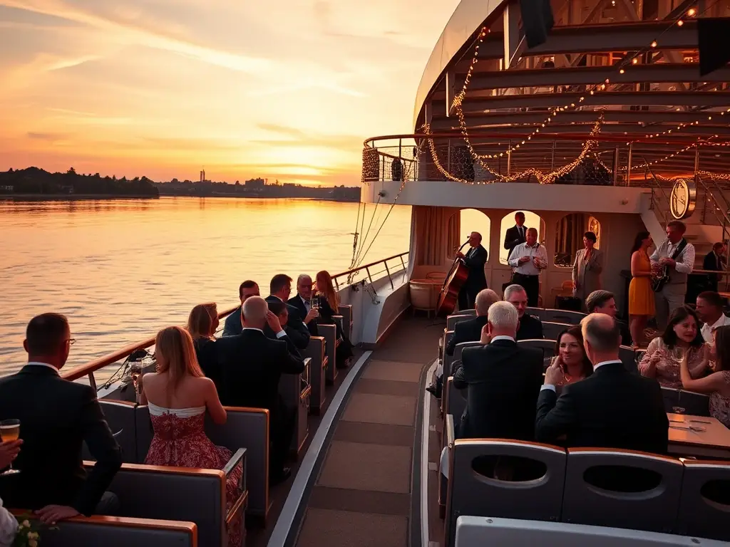 A luxurious river cruise at twilight, with passengers enjoying champagne and live music on a beautifully decorated boat. The background features the stunning sunset over the river, creating a romantic and exclusive atmosphere.