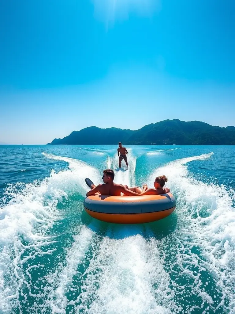 People tubing and wakeboarding, pulled by a speedboat in Nha Trang Bay, highlighting the water sports thrills available with SeaDudes.