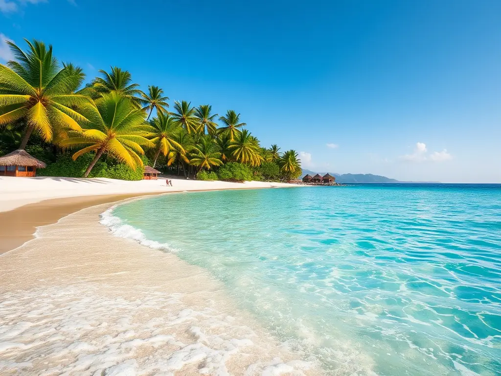 A picturesque image of a pristine beach on one of Nha Trang's islands, with white sand, turquoise waters, and lush greenery in the background.