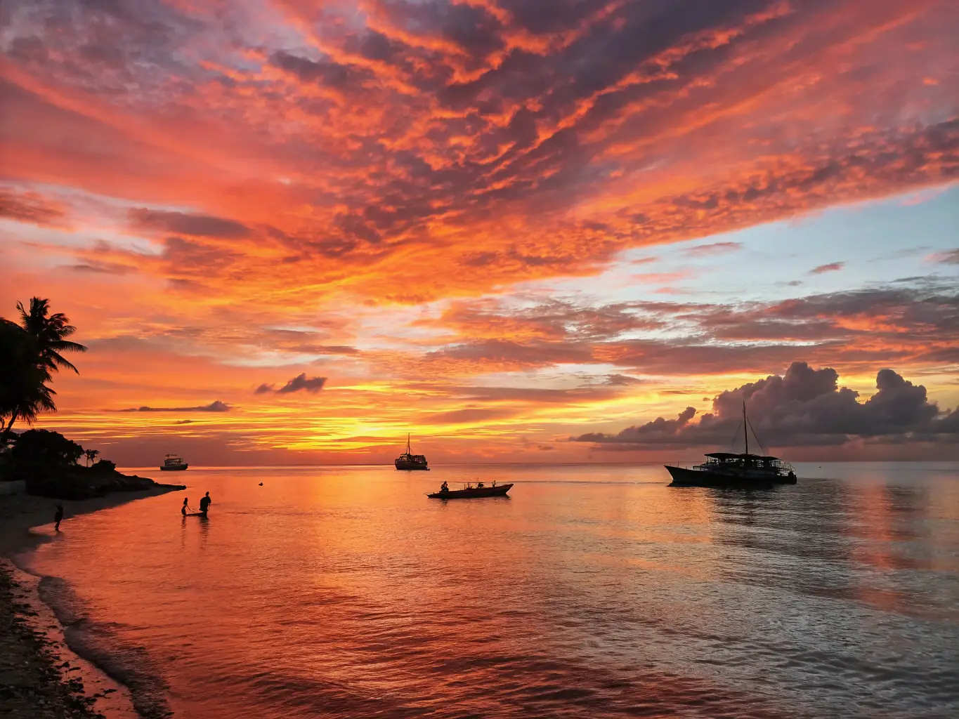 A serene image of a SeaDudes sunset cruise, showcasing the stunning Nha Trang sunset over the water, with passengers enjoying drinks and the view.