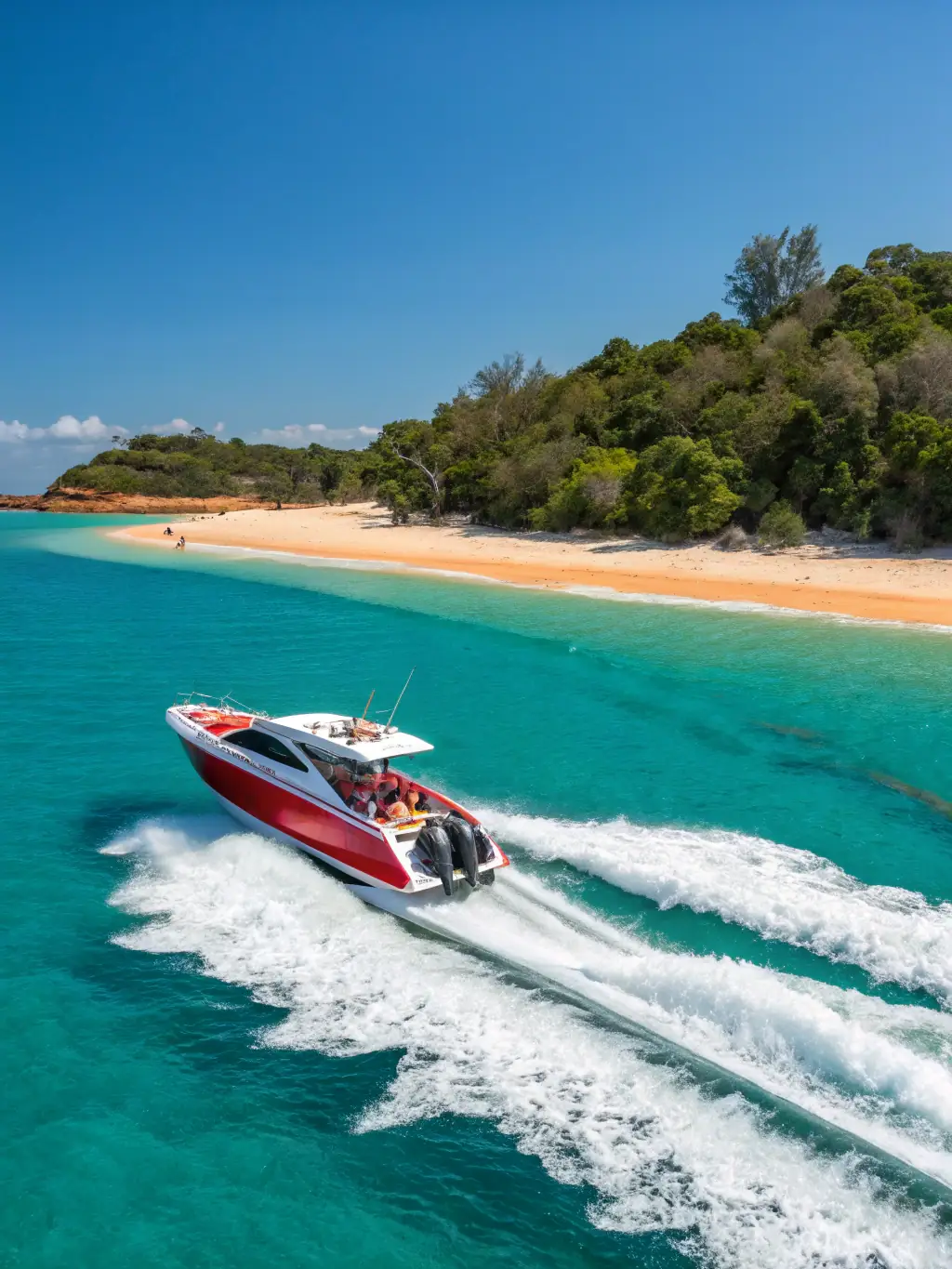 A high-speed jet ski cutting through the turquoise waters of Nha Trang Bay, showcasing the thrill and excitement of the boat and jet ski tours offered by SeaDudes.