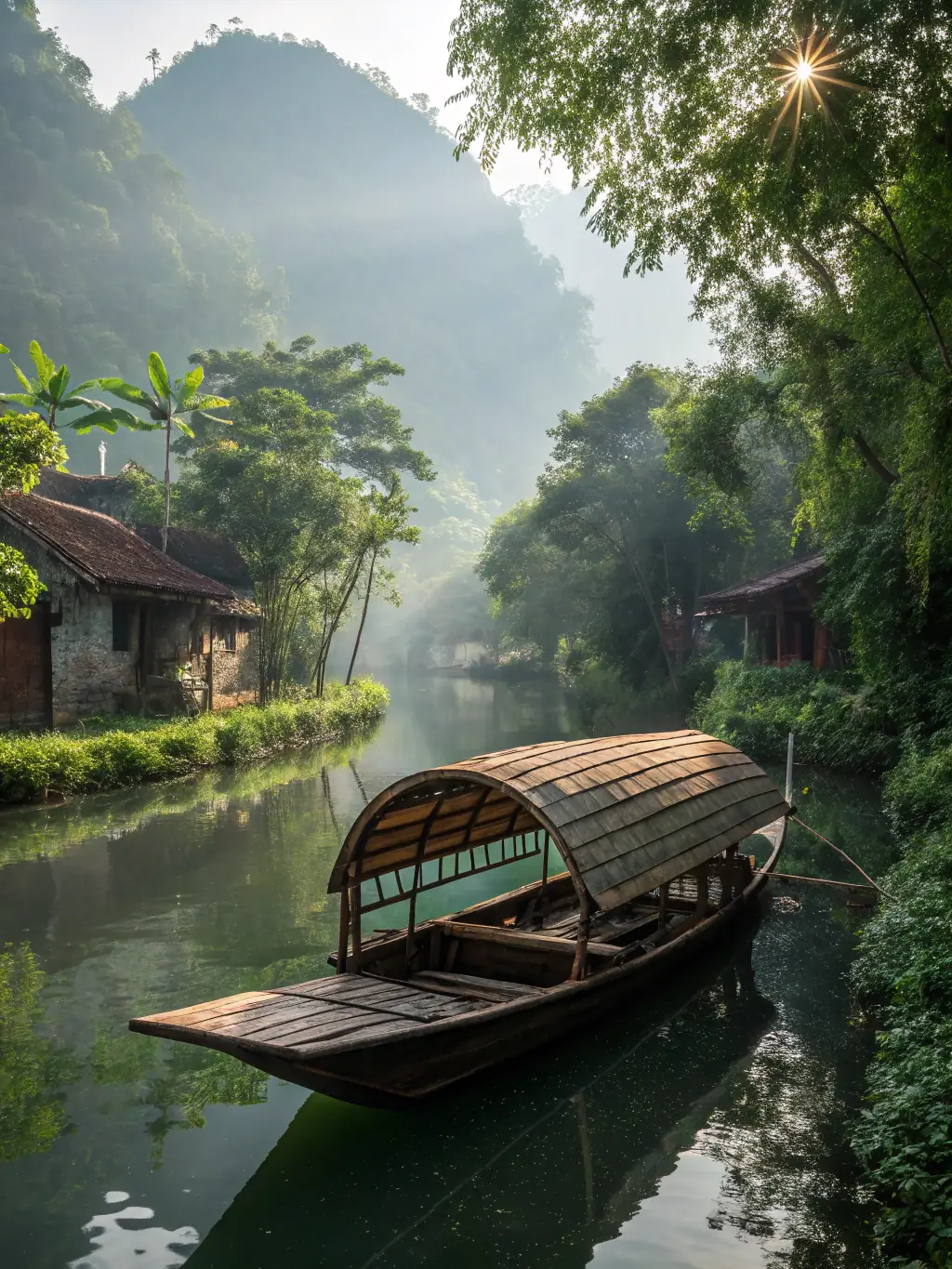 A traditional Vietnamese fishing boat sailing towards a secluded island in Nha Trang Bay, representing the island-hopping escapes offered by SeaDudes.