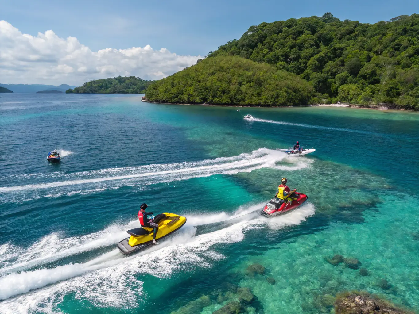 A vibrant image capturing the excitement of a SeaDudes day cruise, featuring people enjoying water sports like jet skiing and tubing against the backdrop of Nha Trang's coastline.