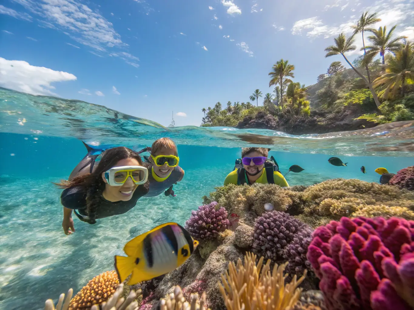 A boat approaching a lush island with guests snorkeling and relaxing on the beach, capturing the essence of SeaDudes' Island-Hopping Tours.
