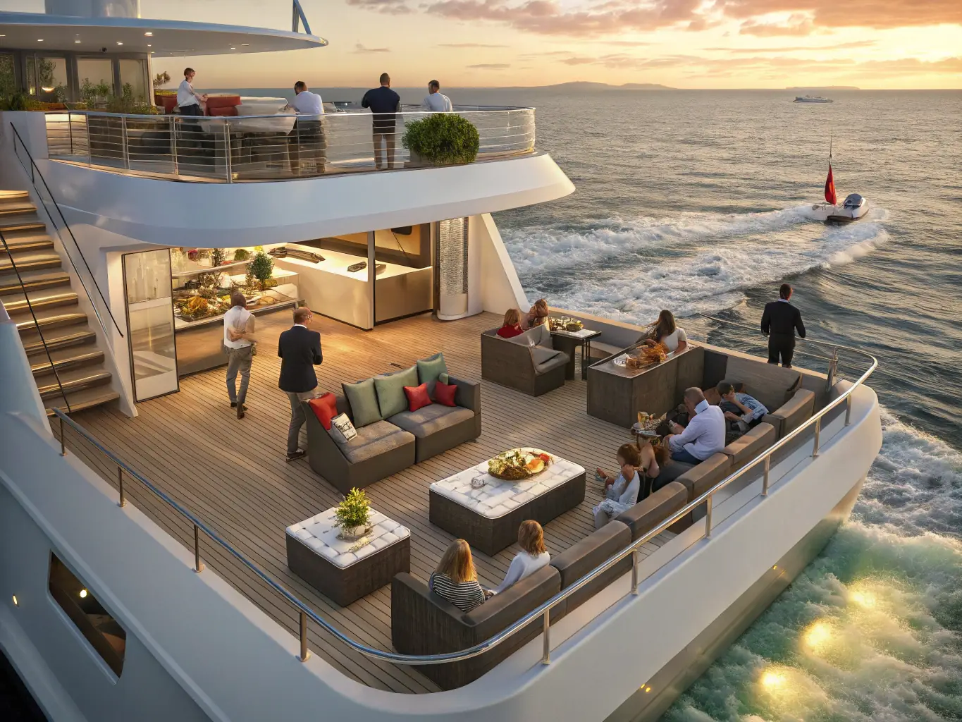An opulent image of a SeaDudes VIP sunset cruise, featuring luxurious amenities, champagne, and live music, with passengers dressed elegantly and enjoying the exclusive experience.