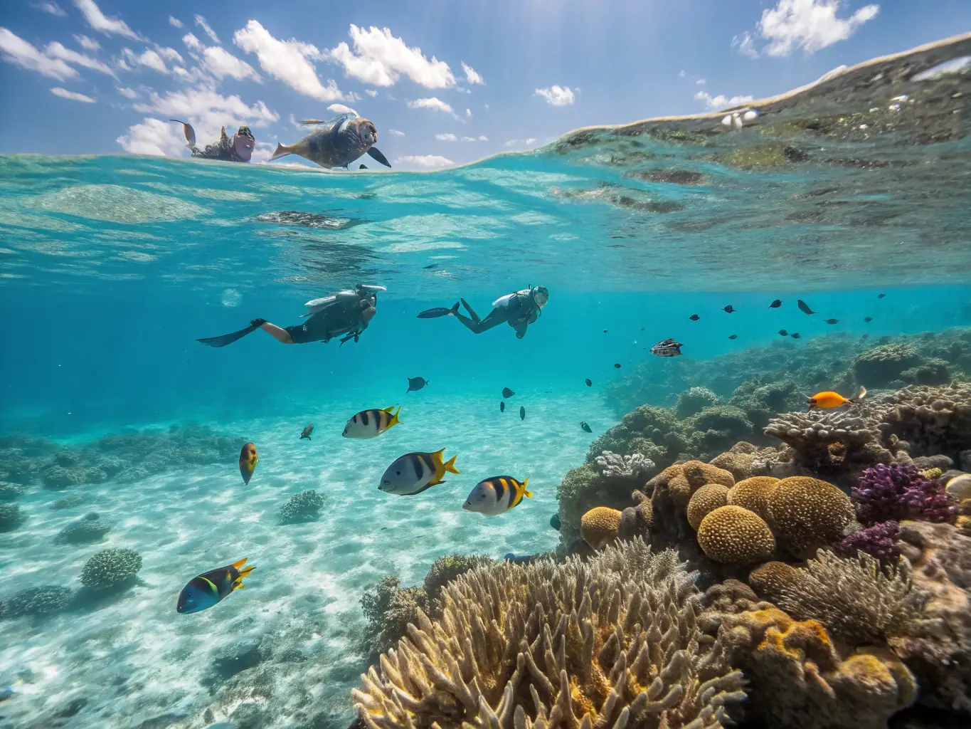 A vibrant photo capturing a group of tourists snorkeling in the crystal-clear waters off one of Nha Trang's islands, showcasing the colorful marine life and coral reefs.