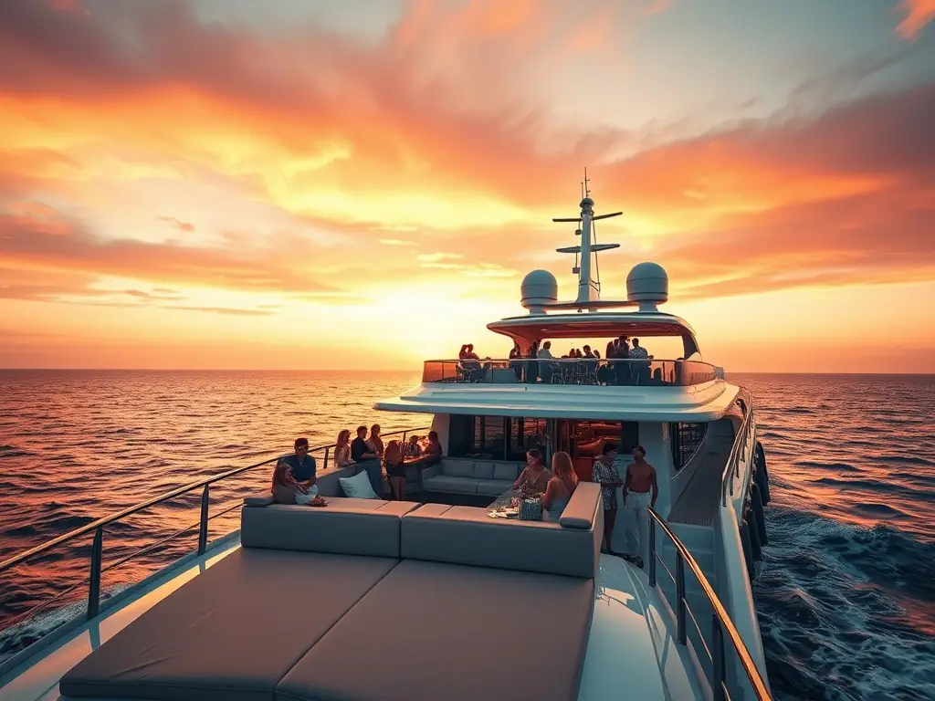 A luxurious boat cruising along a river at sunset with guests enjoying drinks and music, highlighting the elegance of SeaDudes' VIP River Cruises.