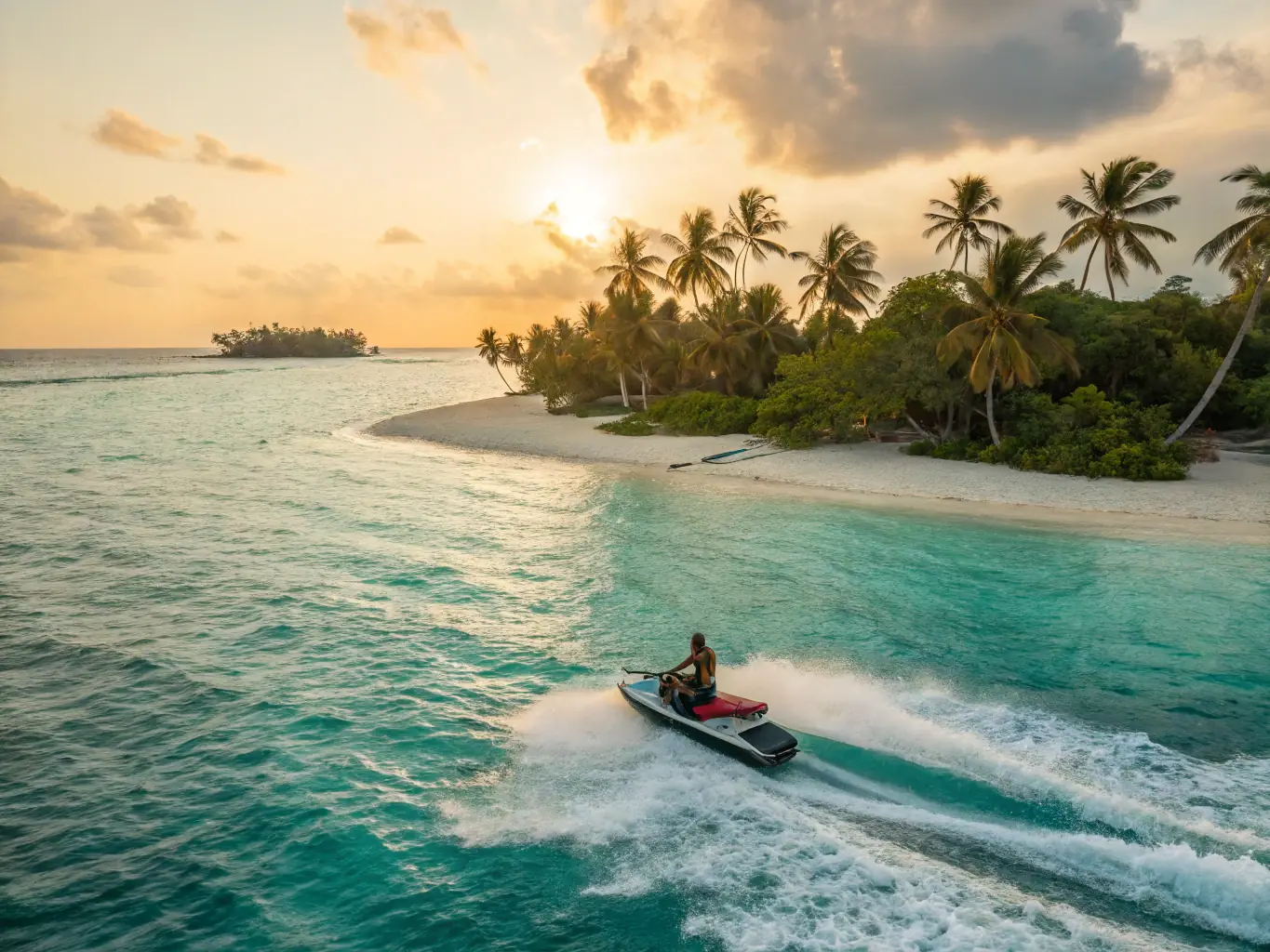 A dynamic shot of a jet ski speeding across the turquoise waters of Nha Trang, with a rider clearly enjoying the thrill of the ride. The background features the coastline and clear blue sky, capturing the essence of adventure.