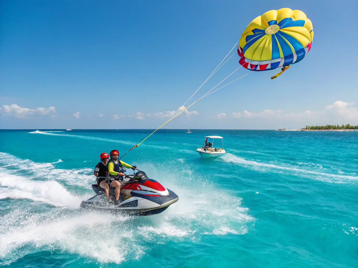 A dynamic shot of a group of people enjoying watersports activities, such as jet skiing and banana boat rides, near one of Nha Trang's islands.